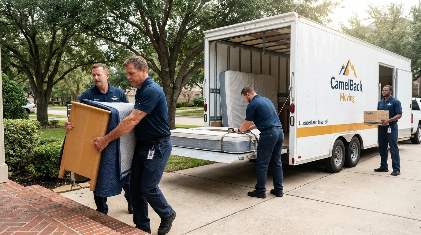 Crew loading residential truck for cross-state move from Andrews, SC