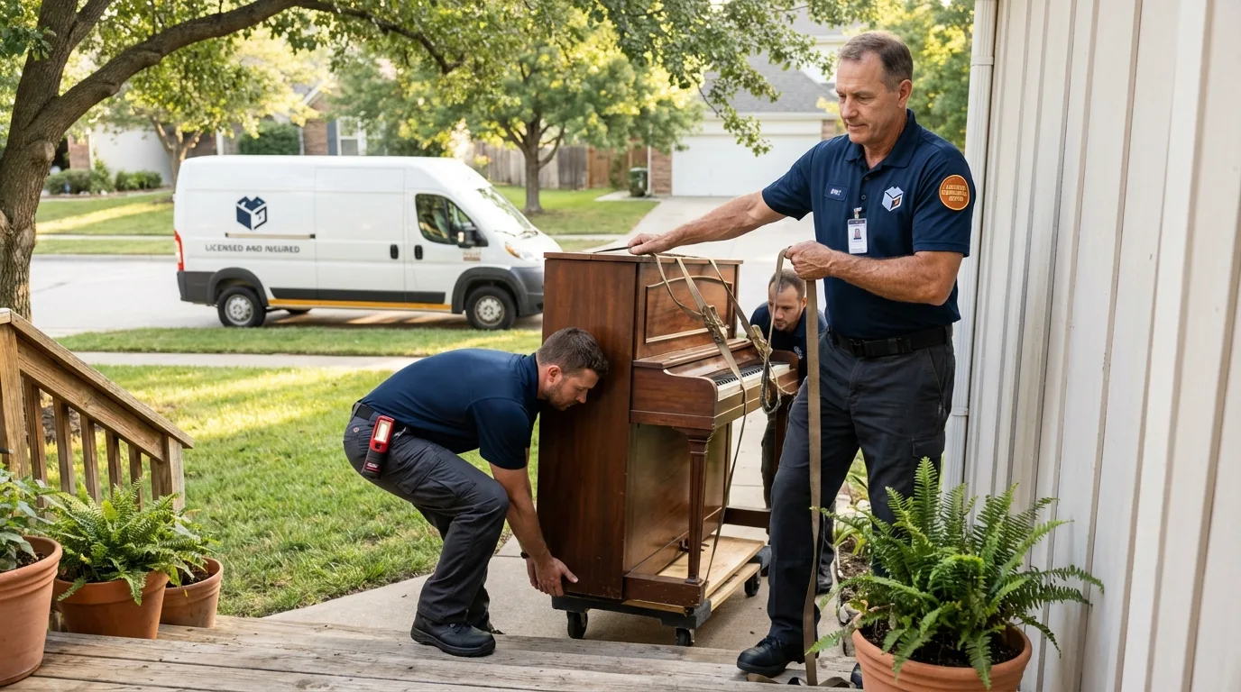 Licensed piano movers securing grand piano in Andrews, SC