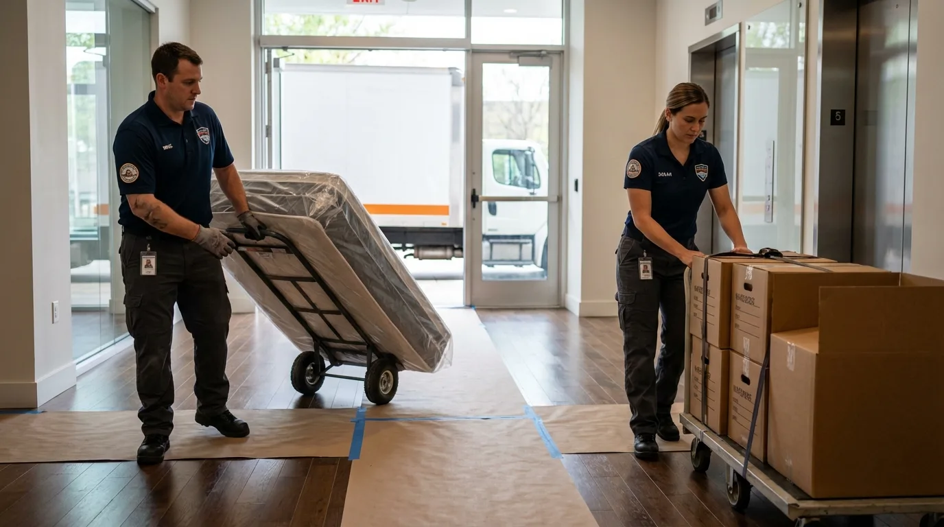 Professional apartment movers loading elevator in Andrews, SC